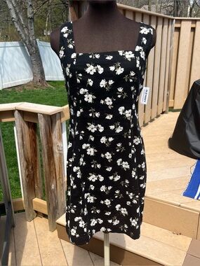 Old Navy Sleeveless Square Neck Black Floral Linen Blend Dress Size M NEW